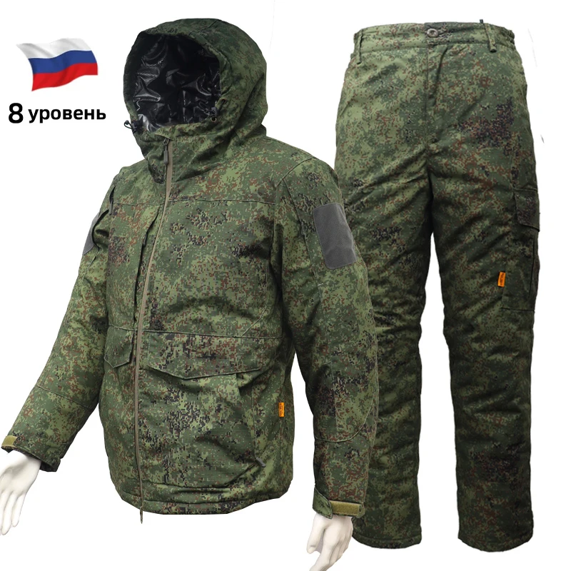 冬用ロシア冬用防寒服、ロシアvkboグリーンマンlv8迷彩コットンスーツセット、熱反射ミリタリーウィンテ