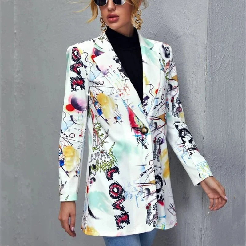 

Graffiti Printing Vintage Blazer Women Jacket Streetwear Fashion 2021 New Spring Elegant Office Lady Coat American Stylish