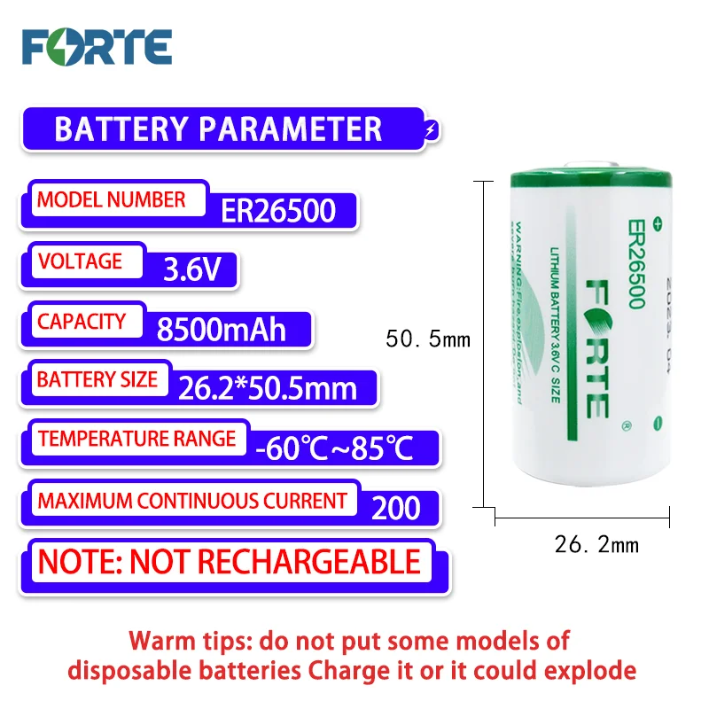 Forte ER26500 C with Welding Foot Disposable Lithium Battery Smart Water Meter PLC Gas Meter Flow Meter IoT Non-rechargeable