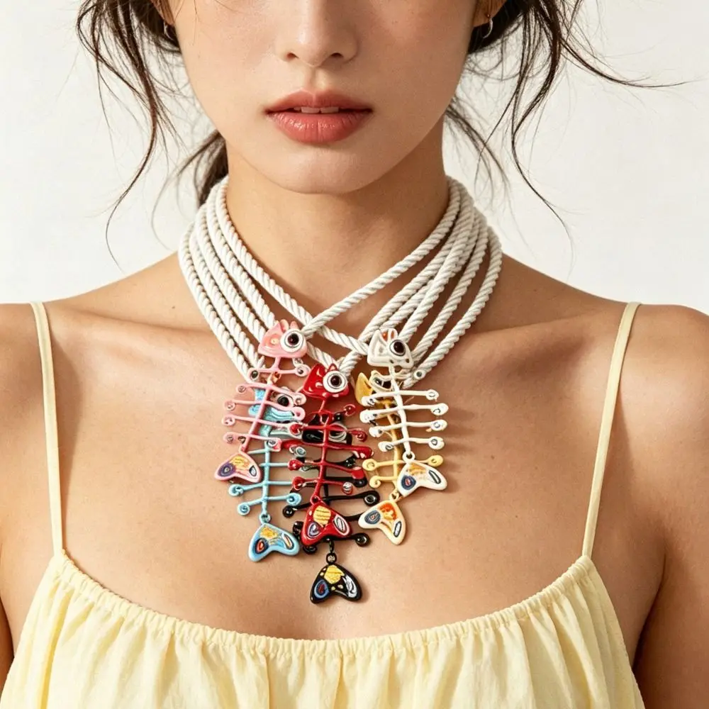 Unique Boho Style Fish Bone Necklace Alloy Hand Woven Rope Fish Bone Pendant Drip Oil Multicolor Printed Fish Charm Daily Outing