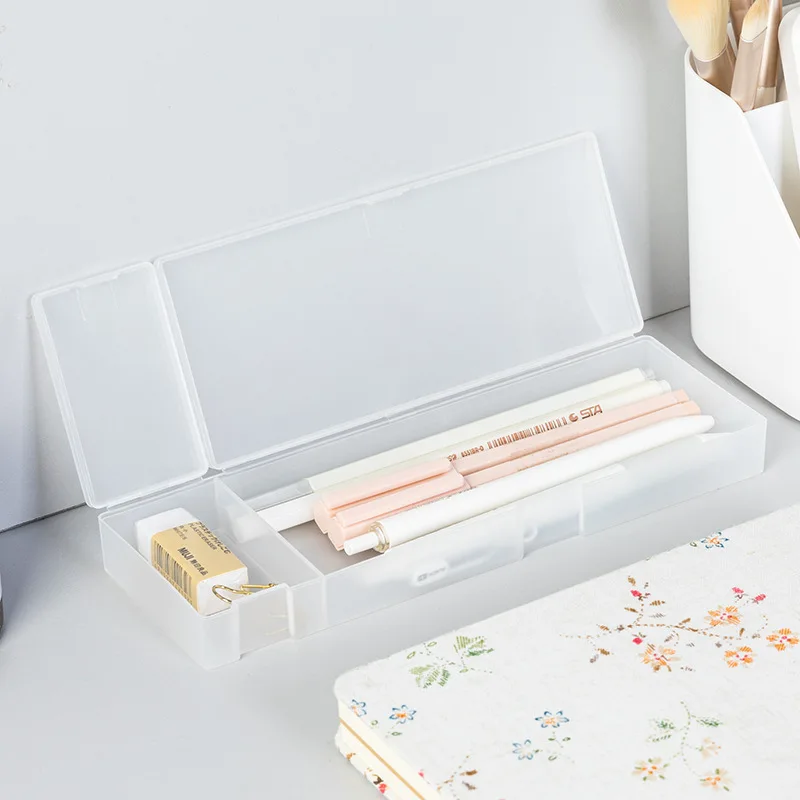 2023 Pencil Cases Pens Storage School Office Simple Matte Transparent Plastic Box Frosted White Stationery Supplies