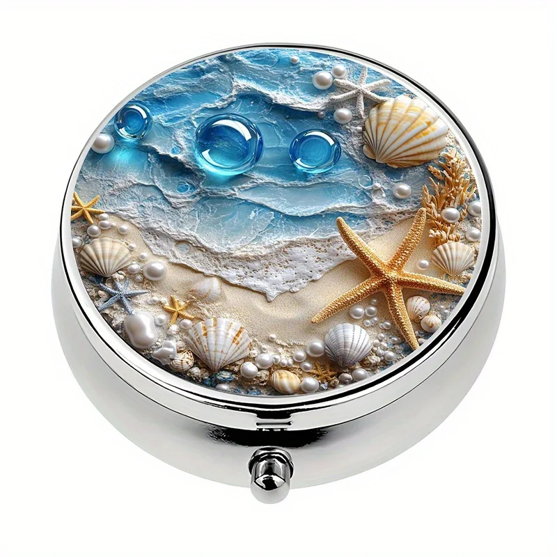 1-piece pill box with 3 compartments, beach-themed mini pill box, medication storage box, decorative vitamin storage box, suitable for purse or wallet