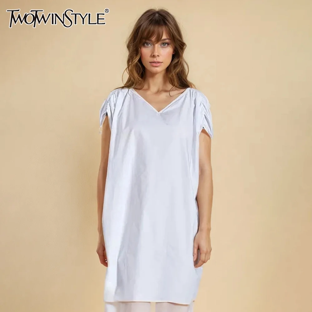 

TWOTWINSTYLE Solid Minimalist Dresses For Women V Neck Sleeveless Loose Waist Patchwork Ruched Dress Female Fashion New Clothing