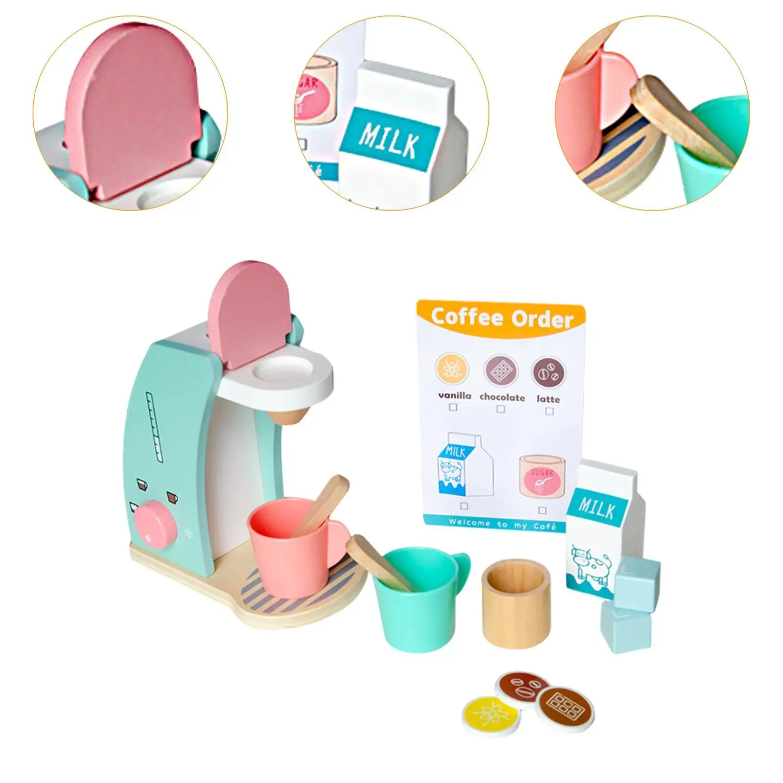 Drewniany zestaw do zabawy w baristę dla dzieci, kreatywny zestaw do odgrywania ról, zabawka edukacyjna do nauki w kuchni, zabawki edukacyjne dla najmłodszych.