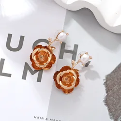 Metal Leaves Camellia Flowers Dangle Earrings for Women New Simple Trend Design Jewelry Party Accessories DIGADAGU