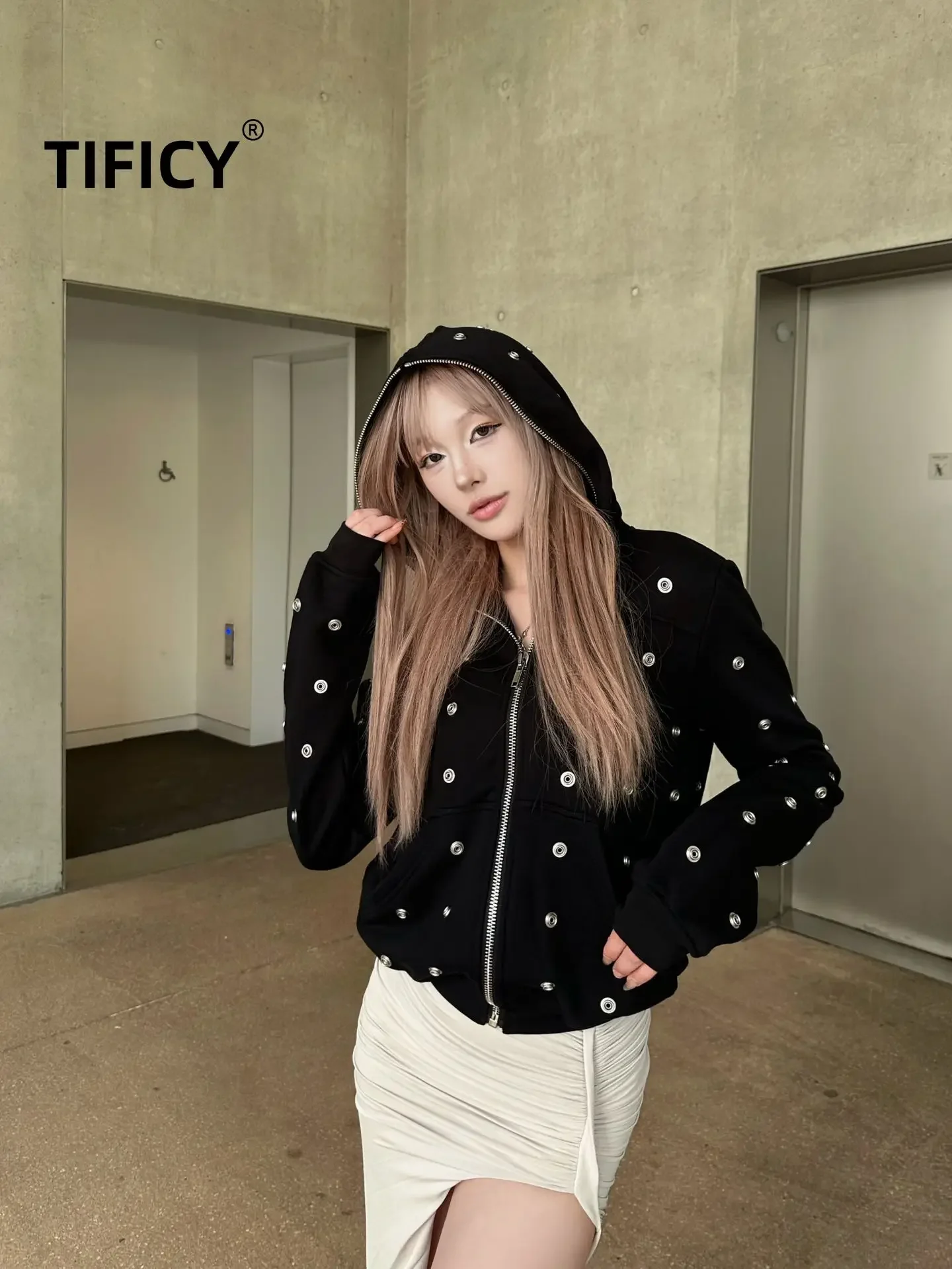 Hooded Sweatshirts Dark Women's winter High Street Style Multi Button Willow Nail Decoration Zip Up Hoodies Sweatshirt Jacket