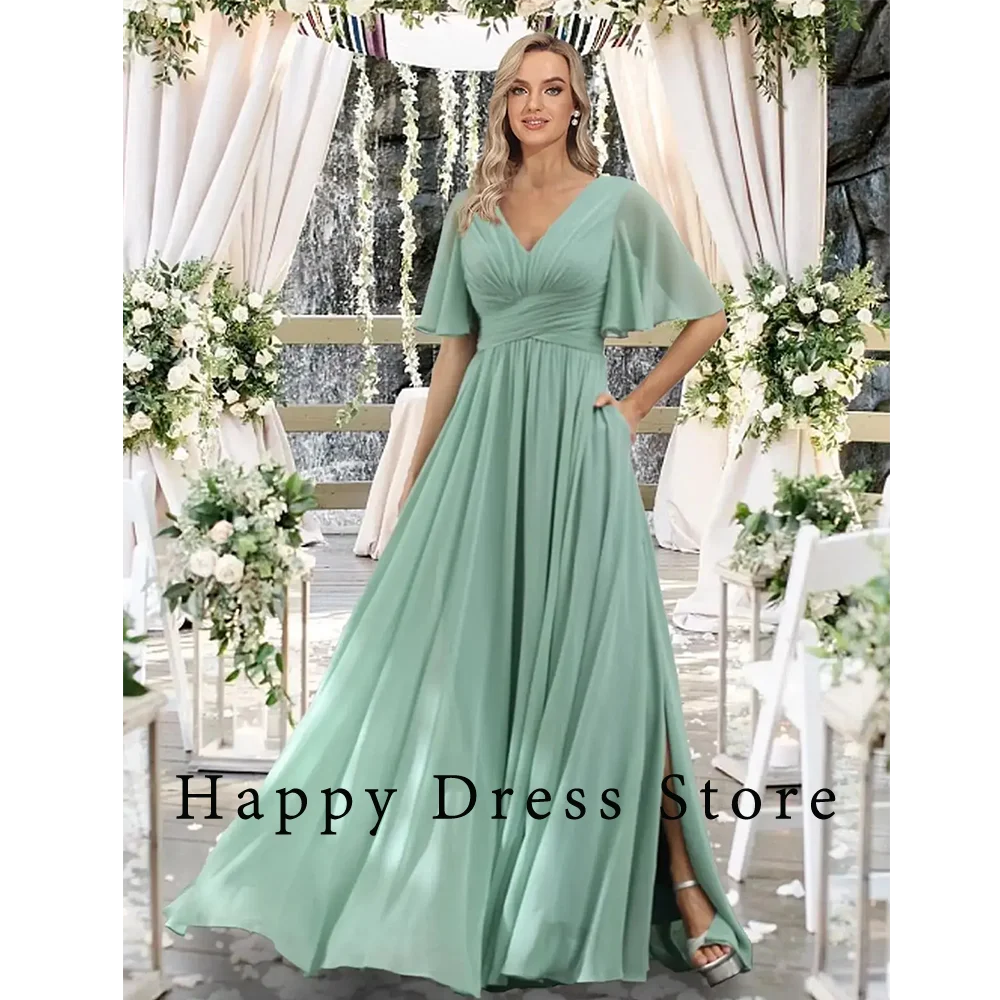 

2024 Elegant Simple Prom Dress For Women V-Neck Short Sleeve A-Line Chiffon Pleat Lace Up Custom Evening Party Birthday Gowns