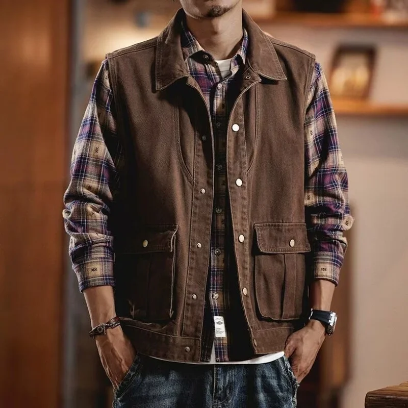 

Spring And Autumn New High-End Turn-Down Collar Sleeveless Vest Men'S Outdoor Loose American Retro Workwear Vest