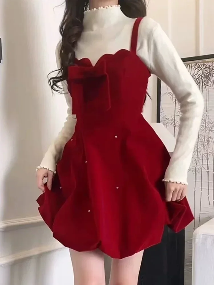 MiiiiX French Elegant Christmas Red Velvet Short Strap Dress Women 2024 Autumn New Bow A-line Dot Bubble Dress Female Clothes