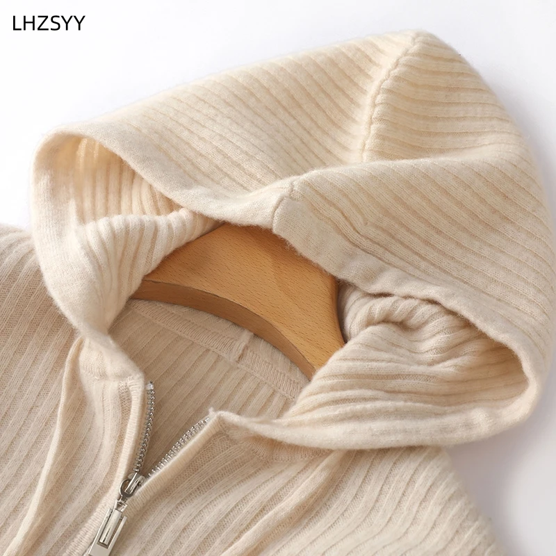 LHZSYY-Cashmere com zíper de caxemira feminino, jaqueta com capuz, suéter solto, casaco grosso, capuz de lã pura, tamanho grande, outono, inverno