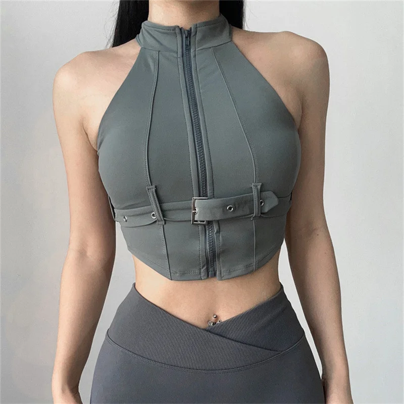 

High Impact Motorcycle Uniform Sports Bra Women Front Zipper Fitness Crop Top Gym Workout Shockproof Brassiere Yoga Vest