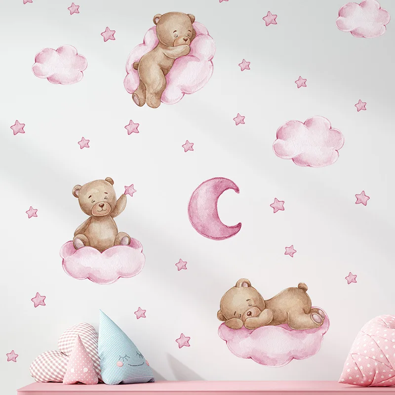 3 Kleuren Cartoon Beer Wolken Maan Muurstickers Voor Kinderen Babykamer Kinderkamer Decor Behang Jongens Meisjes Slaapkamer Muurstickers