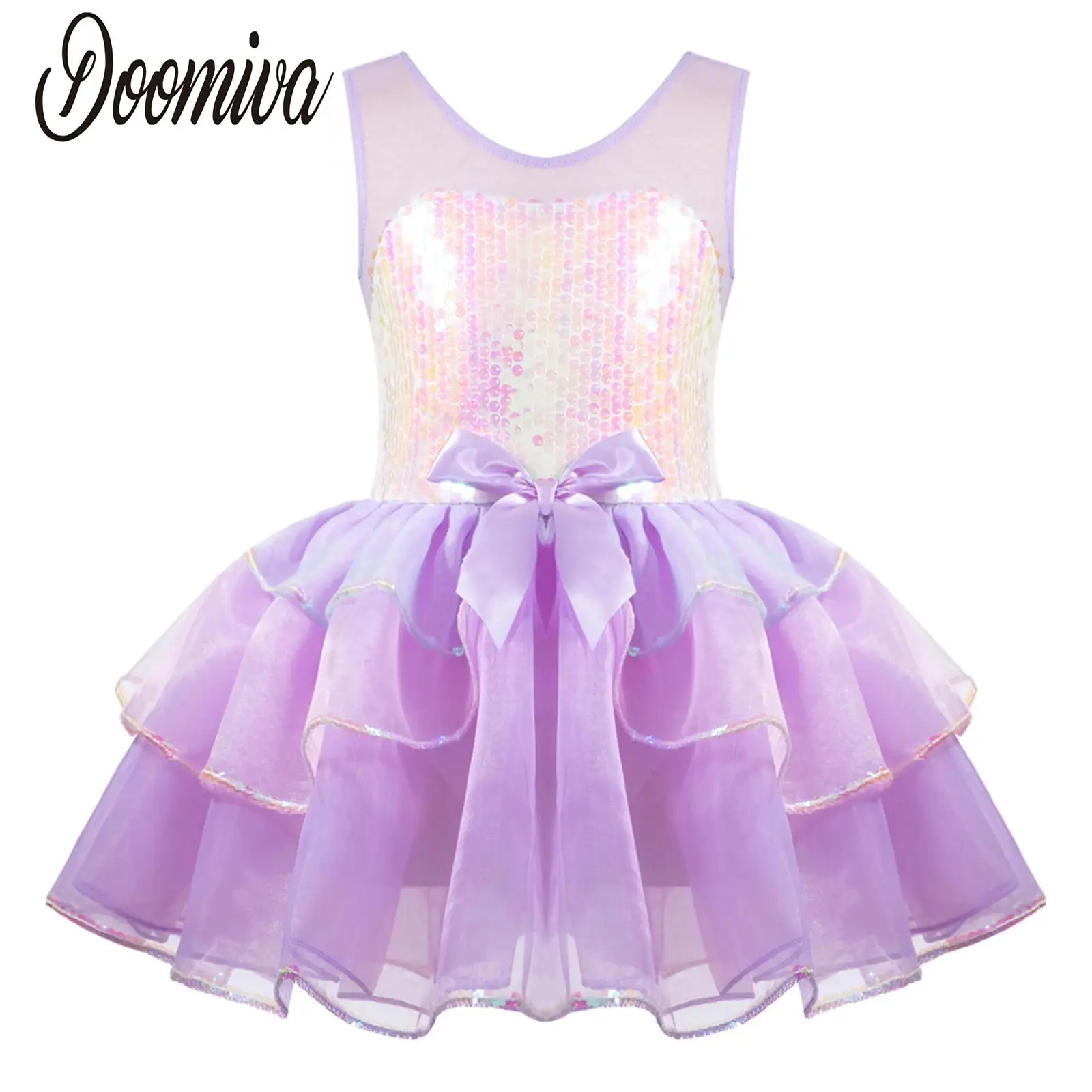 

Kids Girls Sequins Ballet Dance Tutu Dress Sleeveless Bowknot Tulle Ballerina Dress Princess Gown Stage Performance Costume