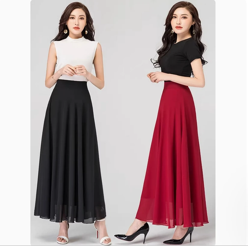 New Red Chiffon Half length Skirt for Women, Retro High Waist A-line Large Swing Skirt, Elegant Large Dance Dress