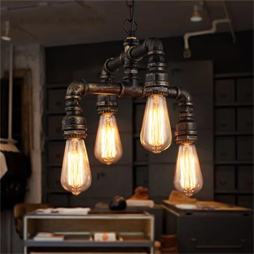 American industrial four headed water pipe pendant lights loft vintage iron bar restaurant kitchen pendant lamps decor lighting