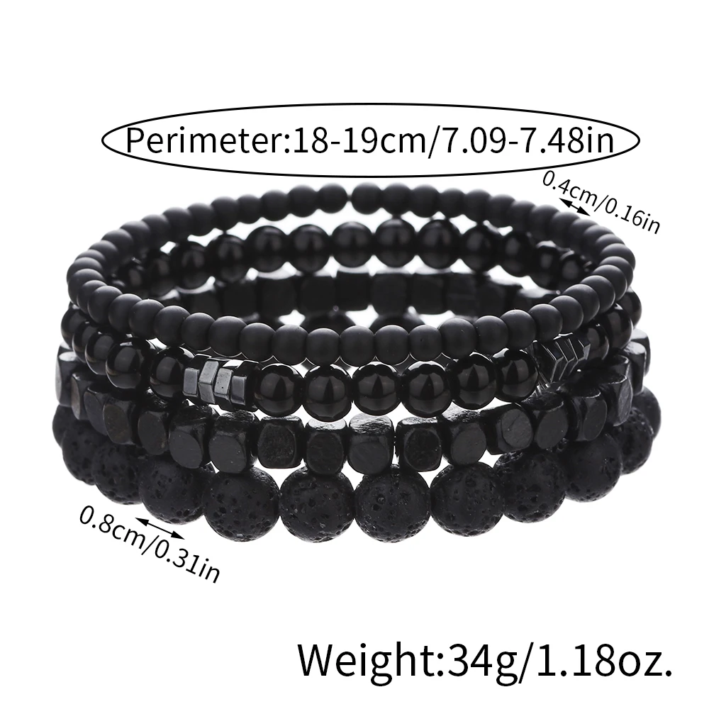 4 Teile/satz Schwarz Gall Stein Vulkanstein Holz Perlen Multi-schicht männer Kombination Elastische Armband Für Paar Freunde schmuck – Detail 3