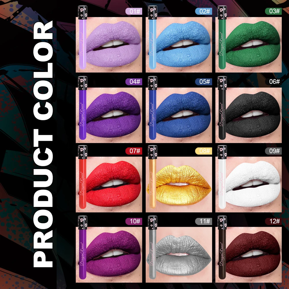 12Pcs/Box Matte Liquid Lipstick Makeup Colorful Black White Lip Gloss Waterproof Metallic Lip Glaze Halloween Party Cosmetics