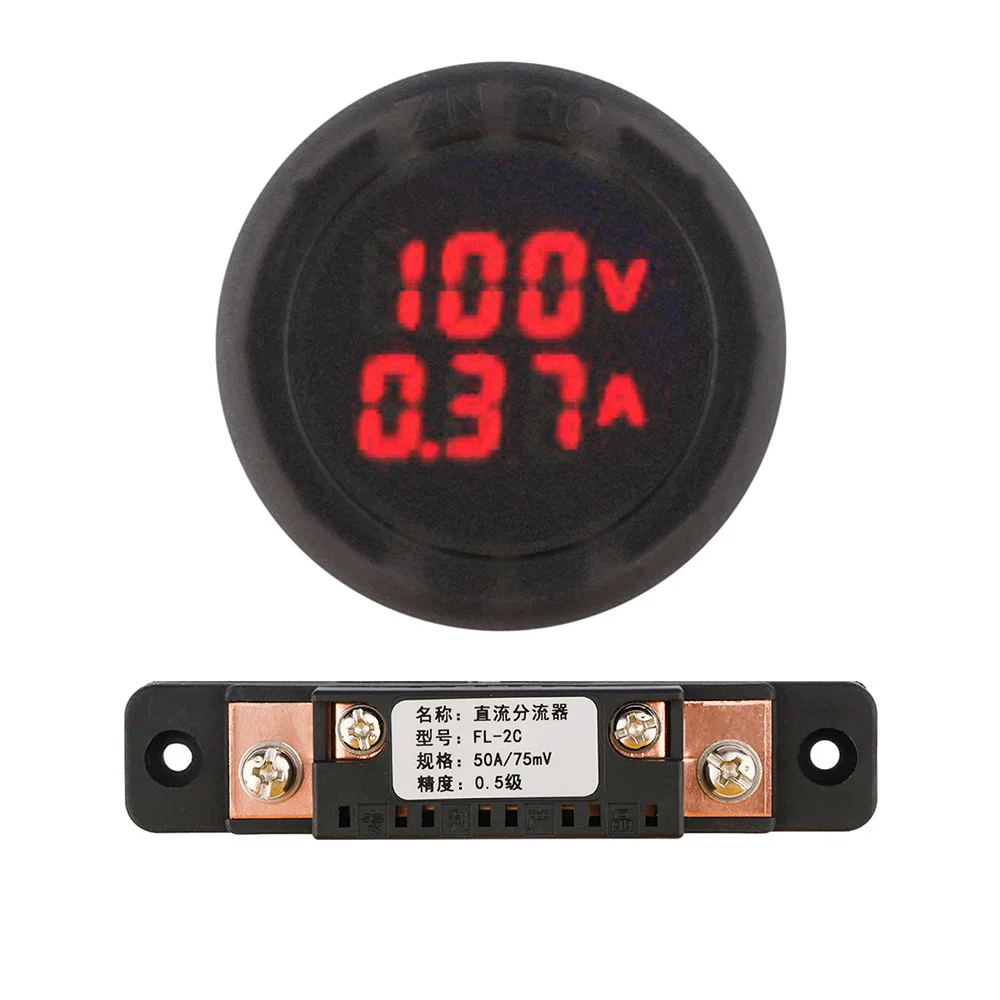 Voltímetro e amperímetro com display duplo LED circular DC 5-100V 1A, 10A, 50A, 100A Voltímetro e amperímetro automotivo, detector de tensão