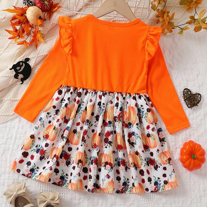 Kids Girls Dress Halloween Clothes Pumpkin Flower Patchwork Buttons Frills Crew Neck Long Sleeve Dress Fall Princess Dress