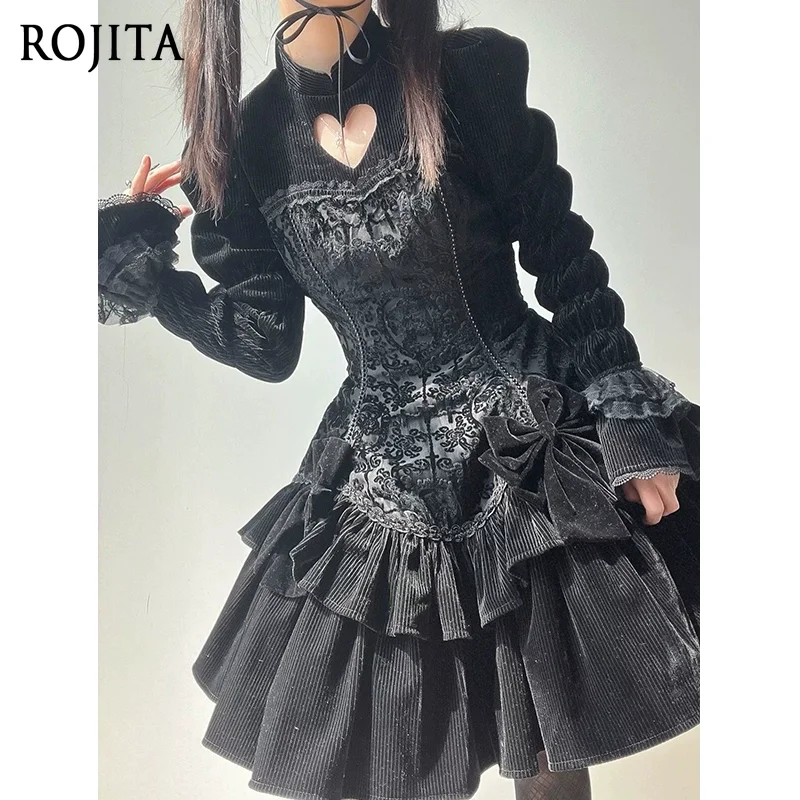 

Dark Goth Lolita Dress Women 2025 Autumn New Flocking Dress Classical Jacquard Ruffles Long Sleeve Lolita Dress Y2k Vestido