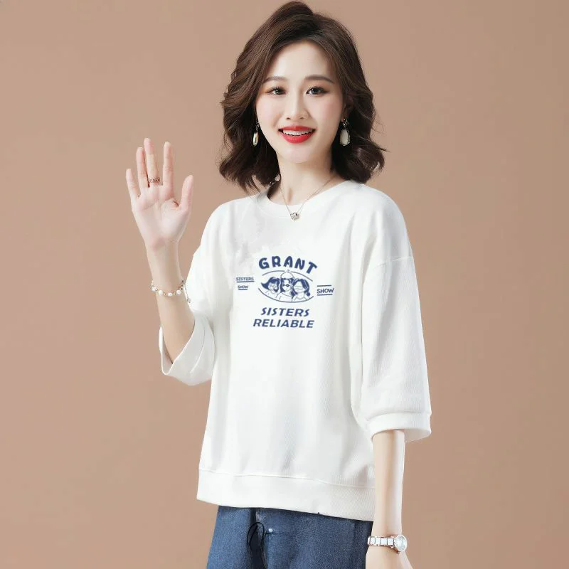 

New 2026 Women's round Ne Sweatirt Loose Fit Thin Seven Sve T-irt Comfortable Spring Autumn Summer Versatile Large Size