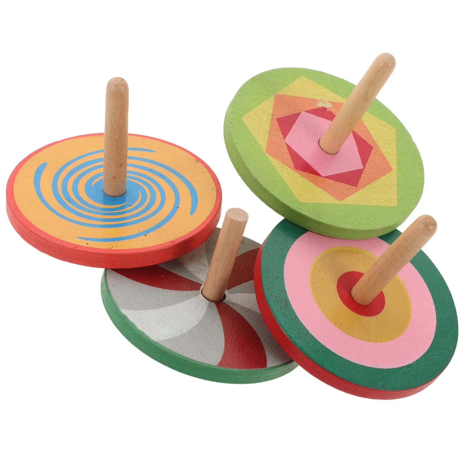 4-teiliges Set Bunte Holz-Kreisel mit Cartoon-Motiven für Kinder, Montessori Frühförderung und Vorschulbildung