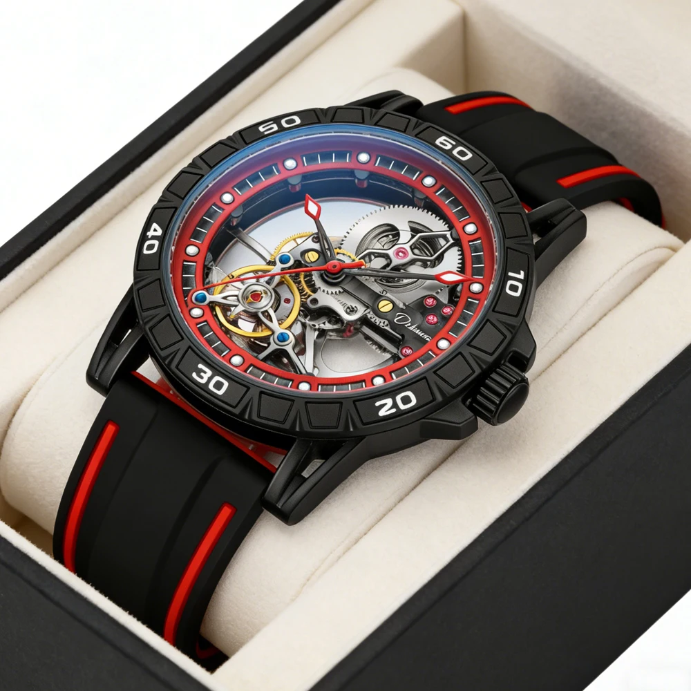 

Men's Mechanical Watch Fashion Hollow Dial Tourbillon Watches Red Silicone Sports Waterproof Luxury Automatic Wristwatches Mens