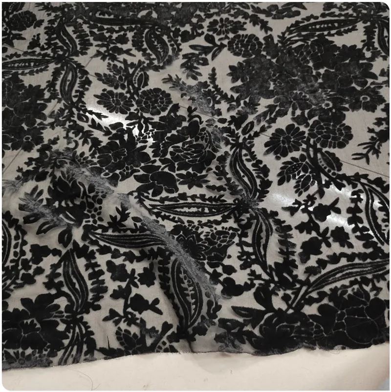 Black Burnt Out Hollow-Out Silk-Like Cotton Velvet Pleuche Cloth Shawl Dress Cheongsam Shirt Lining