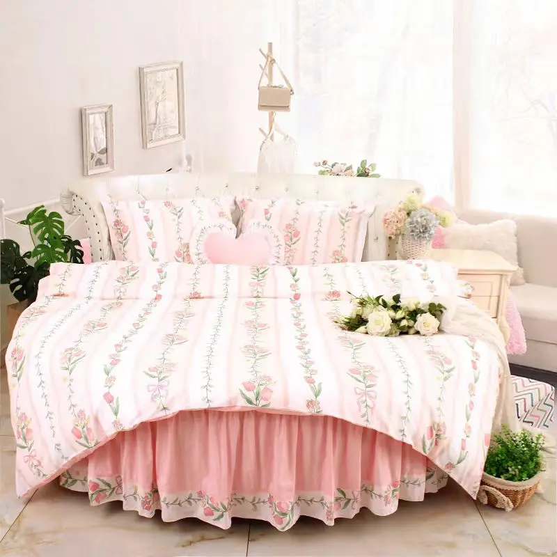 Round Bed Pink Luxury Bedding Sets King Queen Dream Comforter Wedding Princess Bedding Lace Duvet Cover Set Bedsheet Pillowcase
