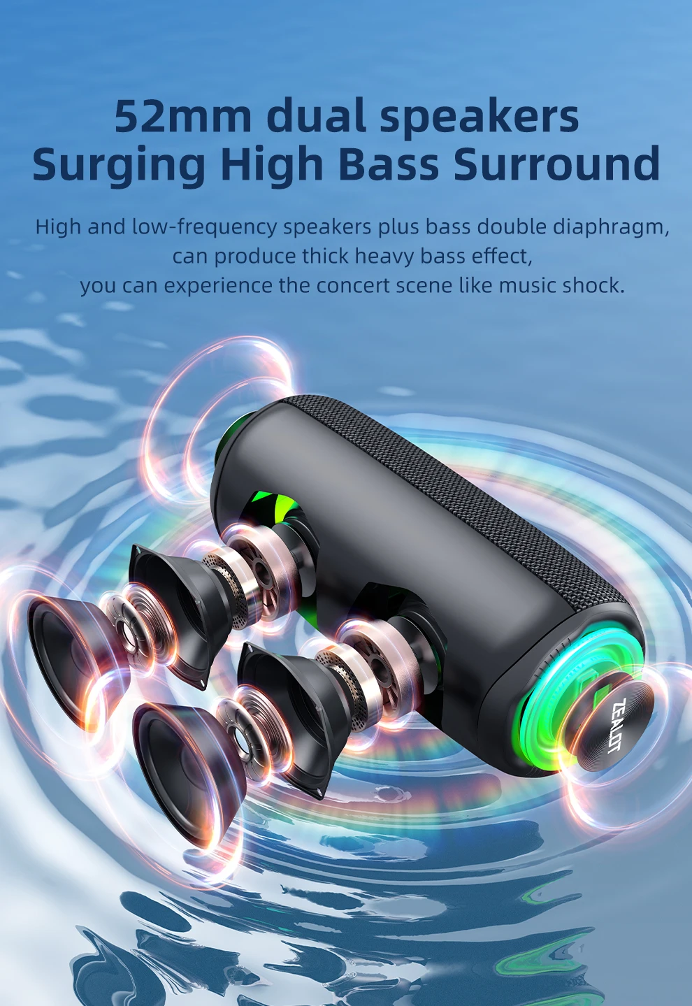 Zealot-MP2 Bluetooth-Lautsprecher, ultra-portabel, bis zu 15 Stunden Spielzeit, IP65 wasserdicht und staubdicht, kraftvoller Klang für den Außenbereich. – Detail 3