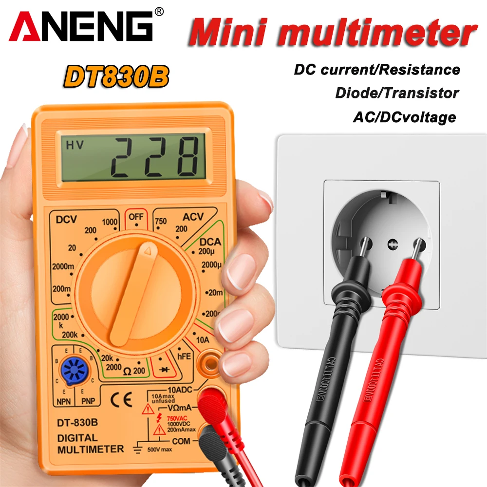 ANENG DT830B Mini Multimeter Digital Tester  AC/DC Voltmeter Ammeter 1999 Counts Handheld Power Meter Test Probe Buzzer Ohm Tool