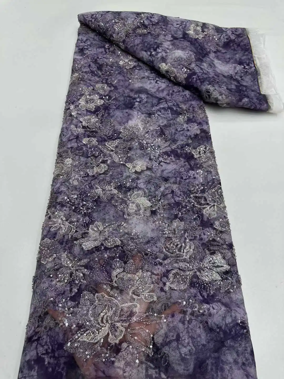 African Bridal Embroidered Lace Fabric with Sequins and Beads, Nigerian French Lace Fabric for Party Evening Gowns 5 Yards 1891