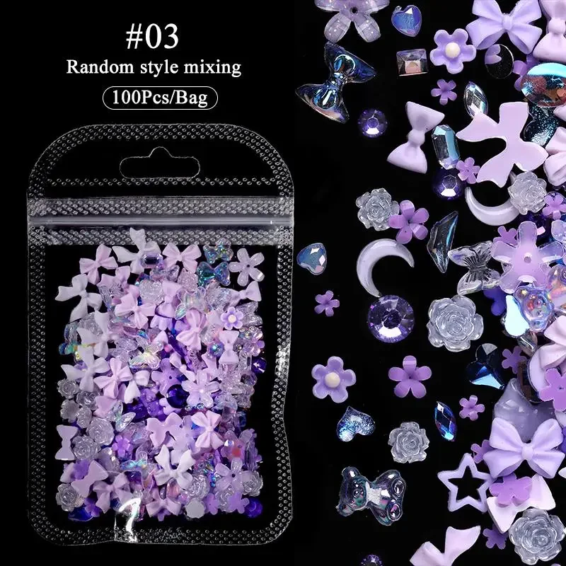 

100pcs 3D Resin Pink Nail Charm Flowers Heart Mixed Nail Art Decoration Kawaii Pink Ribbon Bowknot DIY Nail Part