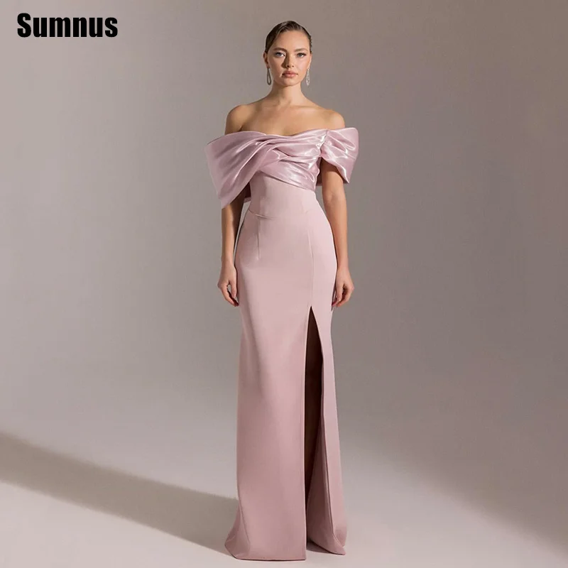 

Sumnus Elegant Pink Mermaid Prom Dresses Off Shoulder Pleats Side Slit Formal Evening Dresses فساتين سهرة Customized