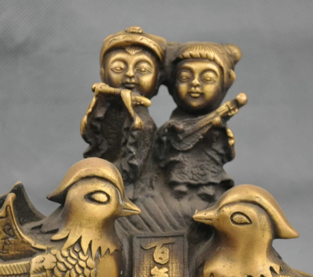China Bronze Children Kid Sweetheart Love 2 Mandarin Duck Yuan Yang Statue
