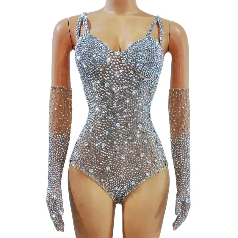 Silver Crystal Gloves Bodysuit Women Singer Concert Rhinestones Mesh Dance Outfit Sexy Stage Wear Party Rave Performance Costume