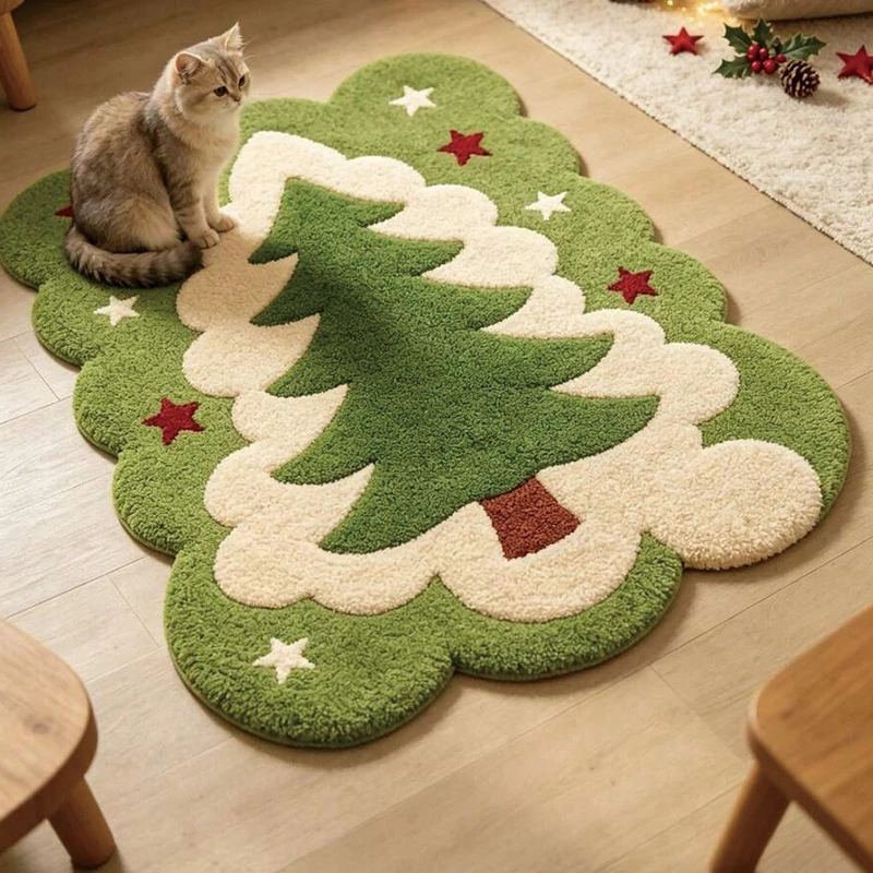 VIKAMA Green Tree Star Shape Flannel Accent Rug Non Slip Soft Mat for Fall Christmas Cute Animal Shaped Decorative Home Decor
