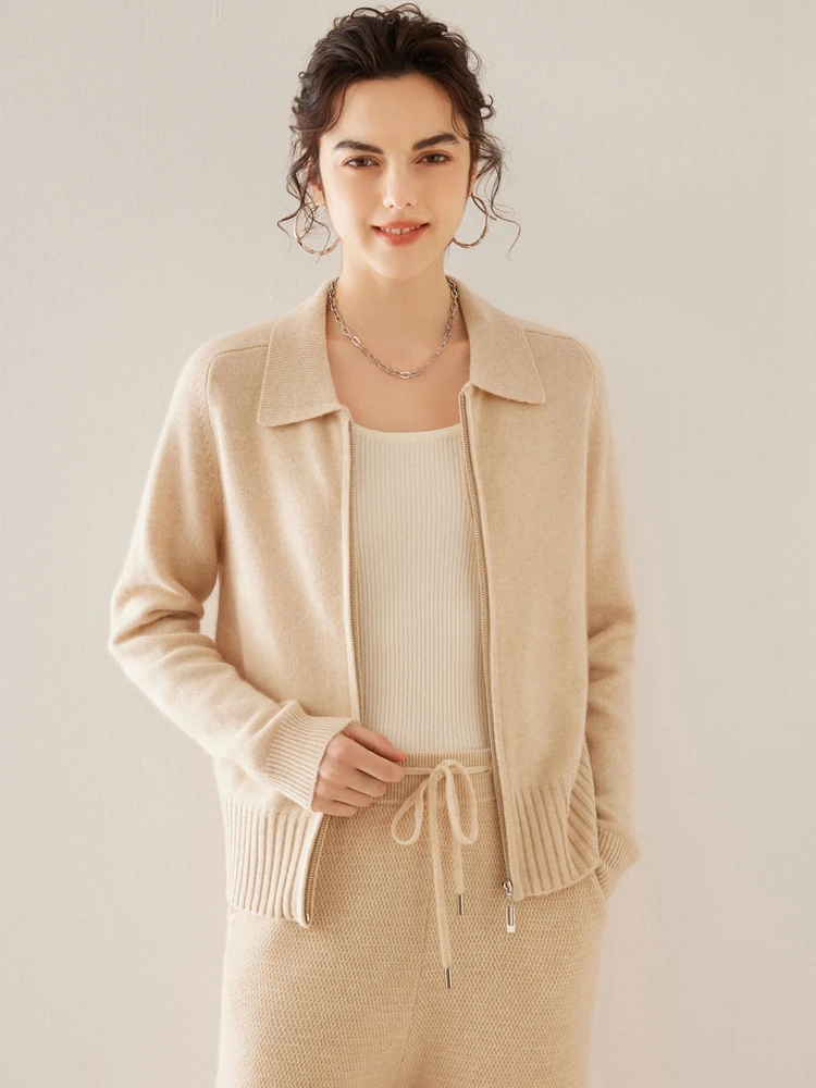 

Autumn Winter Women Zipper Cardigan 100% Cashmere Sweater Turn-Down Collar Knitwear Female Grace Age-Reducing Casual Tops Coat、