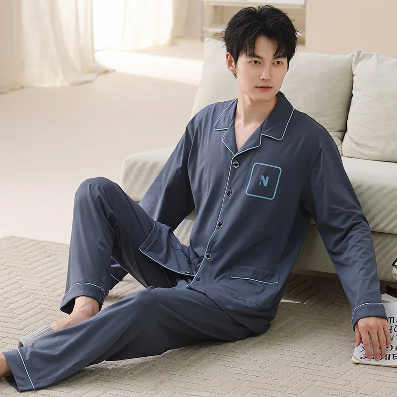 

Мужской пижамный комплект размера плюс L-4XL, одежда для сна из 100% хлопка, мужские осенние пижамы с длинными рукавами