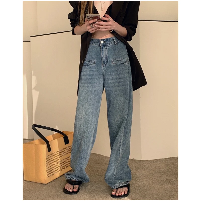 

Blue High Waist Jeans for Women Chic American Vintage Fashion Streetwear Wide Leg Jean Female Trouser Y2K Baggy Denim Pants