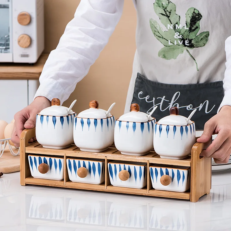 

Exquisite Blue Seasoning Jar Oil Pot Chili Pepper Bottle Kitchen Spice Box Food Dispenser Ceramic Sugar Jar Container Decoration