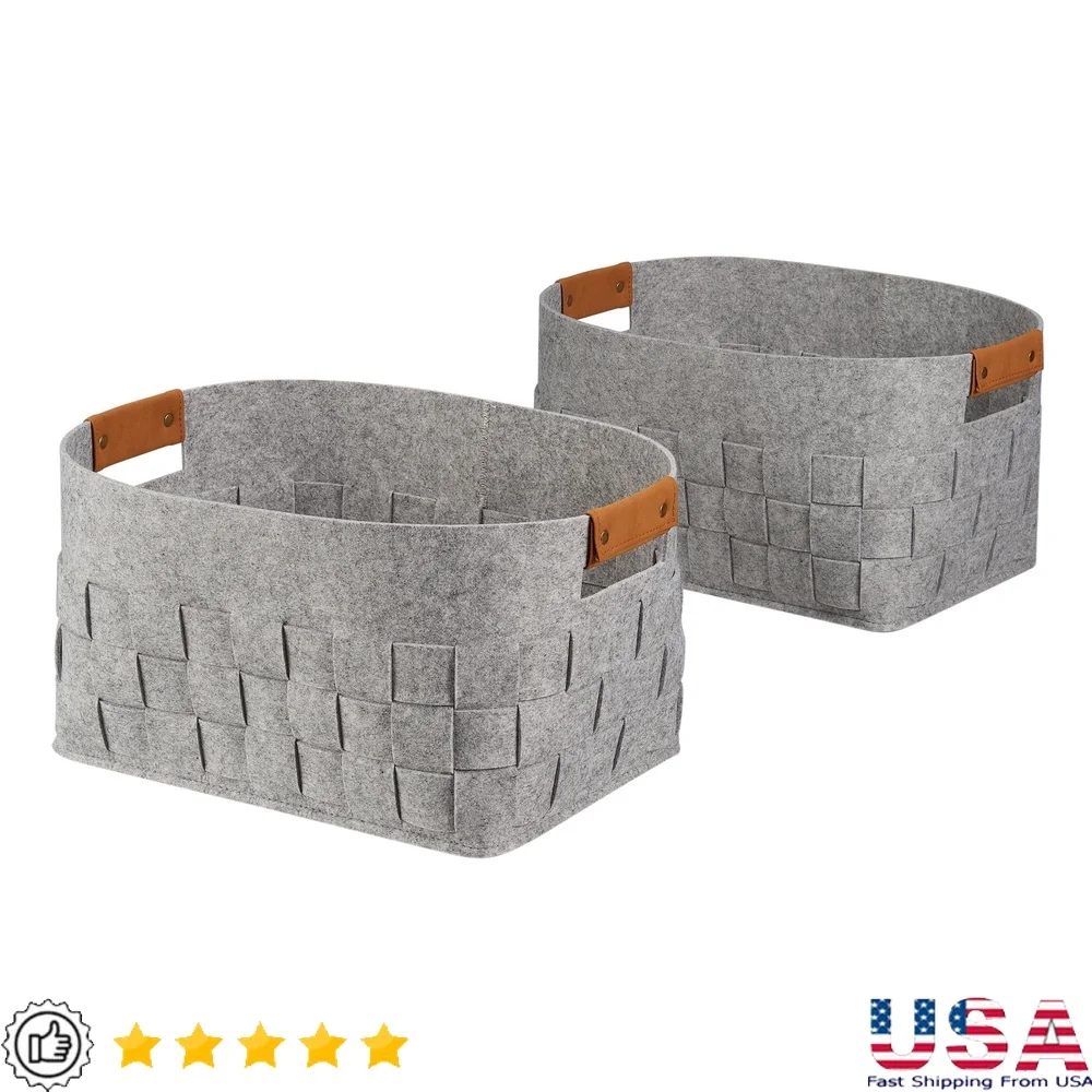 

Medium Felt Storage Baskets Set of 2 with Faux Leather Handles Playroom Office Library Easy Clean Modern Design