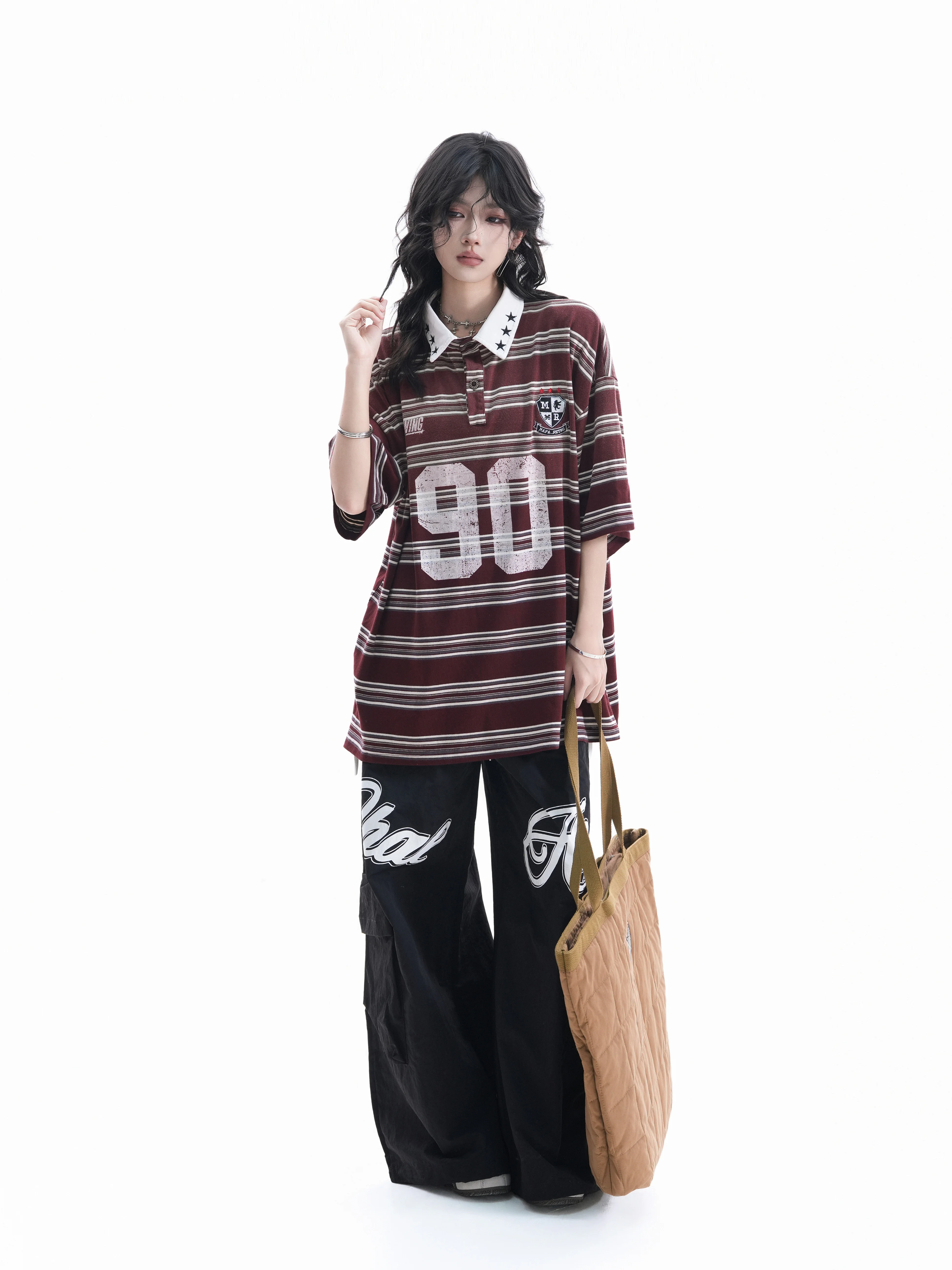 

Retro American Striped T-Shirt Women Summer Worn Short Sleeve Print Couple Top Cotton Loose Fit Shoulder Printed Number