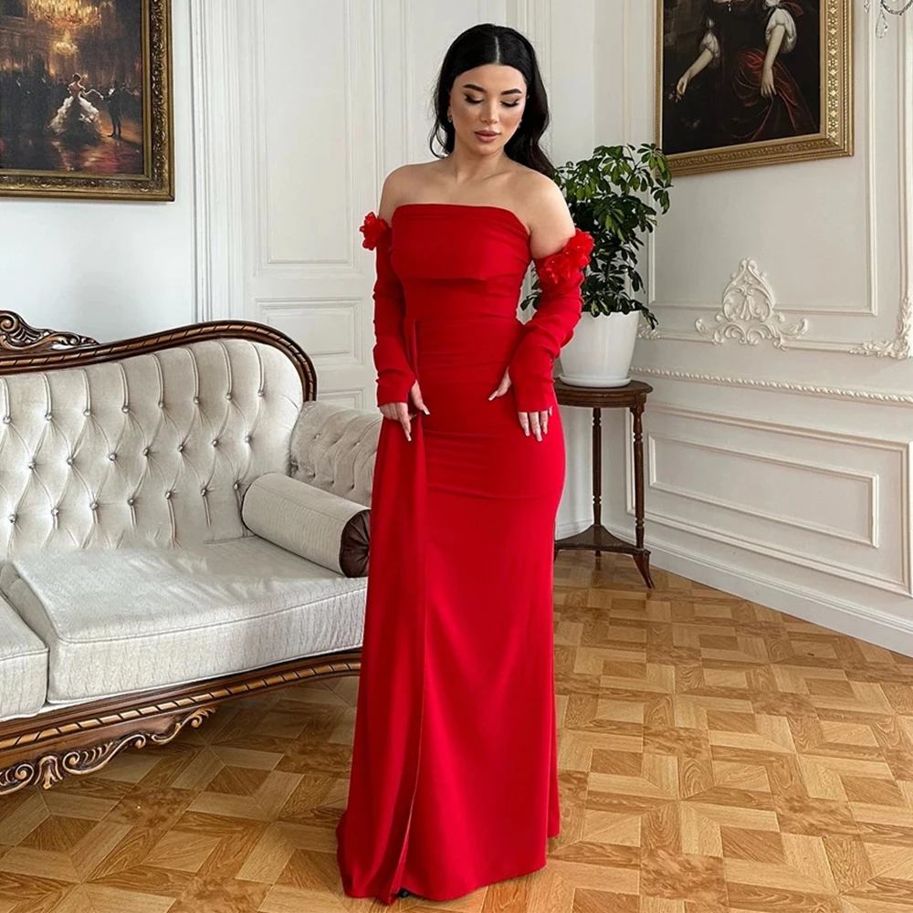 Sexy Strapless Detachable Sleeves Evening Dress Red Jersey 3D Flowers Prom Dress Sweep Train High Qualiry Formal Party Gown 2024