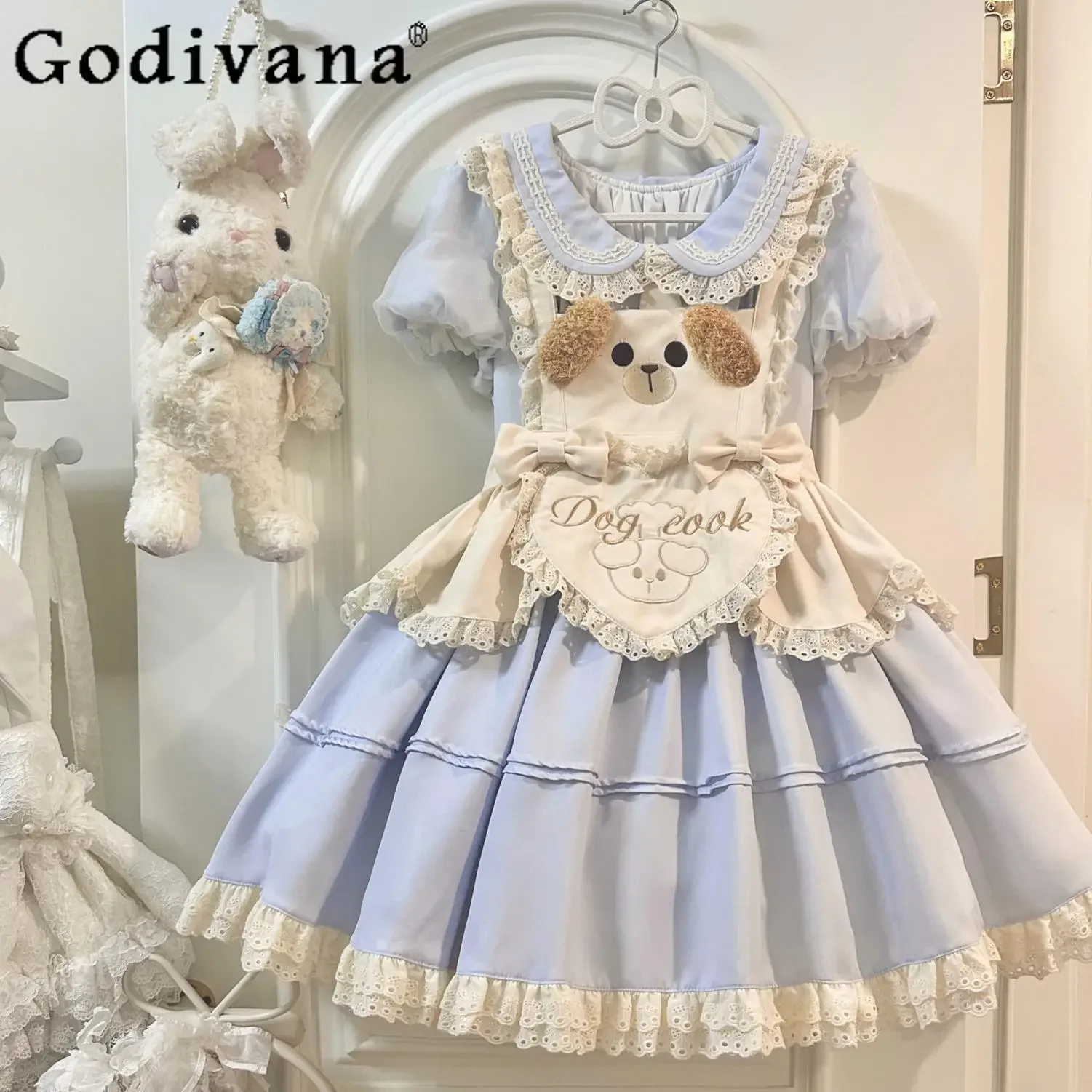 

Original Japanese Lolita Dress and Apron Set Two-piece Womens Cute Sweet Puff Sleeve Lace Edge Kawaii Blue Short Dress Summer