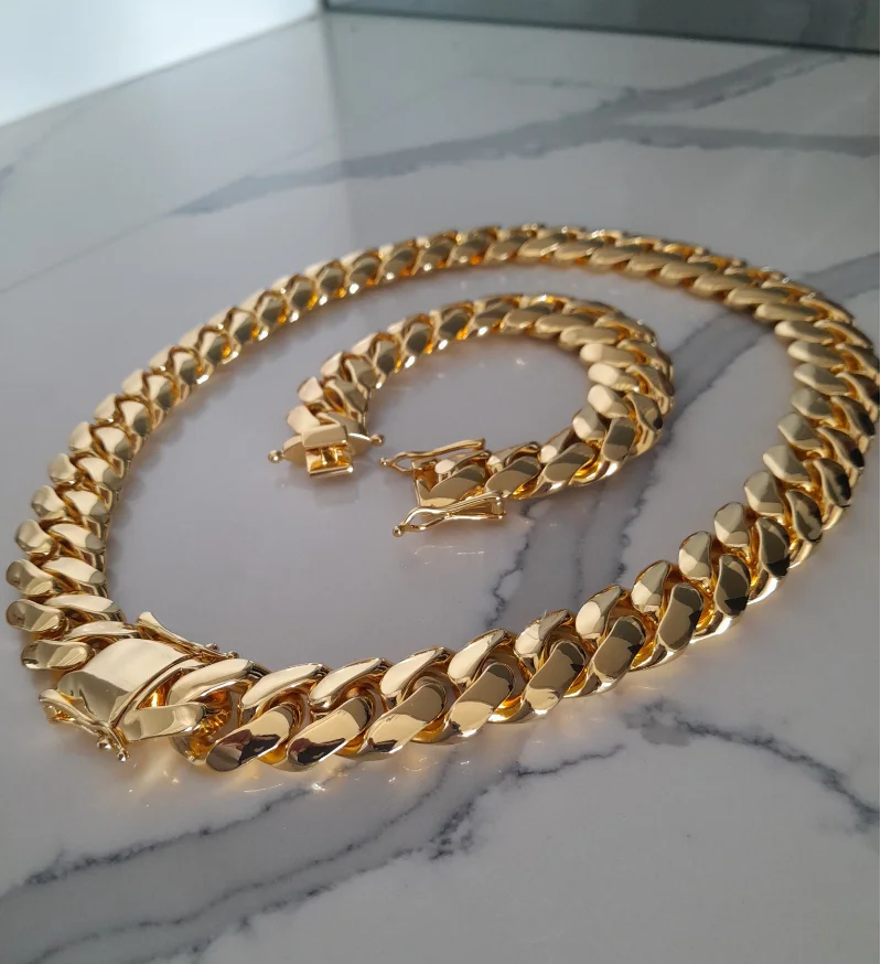 Wholesale luxury hip hop jewelry mens custom logo 18K gold plated solid brass heavy Miami Cuban link chain necklace