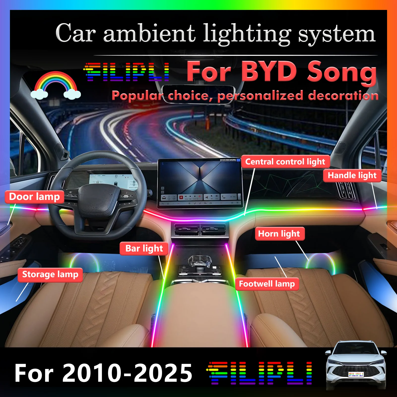 

Для BYD Song RGB 64-цветный светодиодный умный пульт дистанционного управления для салона автомобиля, окружающее освещение, энергосберегающий эффективный комплект ламп