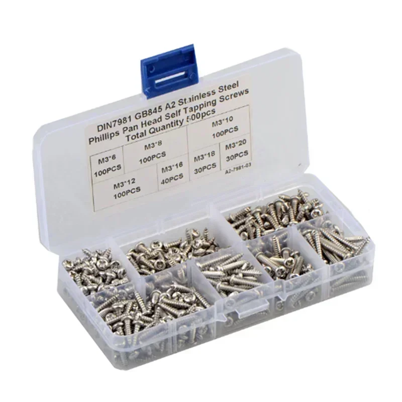 

500pcs M3 304 Stainless Steel Screws - Phillips Pan Head Self-Tapping Assortment Kit