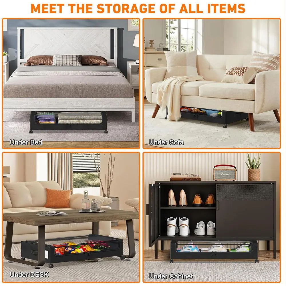 바퀴와 투명 뚜껑이 있는 4피스 XXL 침대 밑 수납 상자, 옷, 신발, 장난감용 65L 정리함 - 블랙