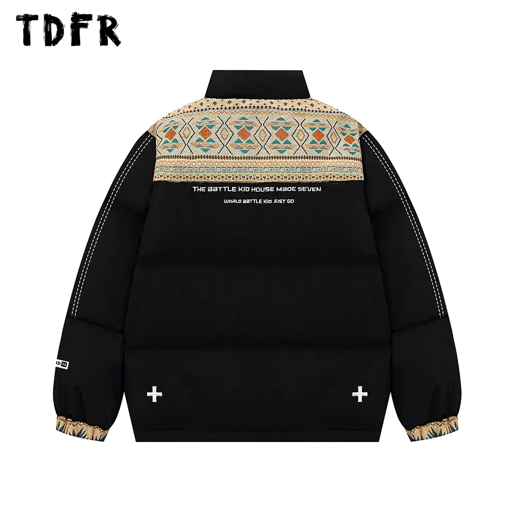 Spliced Letter Embroidery Padded Jacket Mens Drawstring Hem Retro Streetwear Winter Thick Stand Collar Long Sleeve Bread Jacket